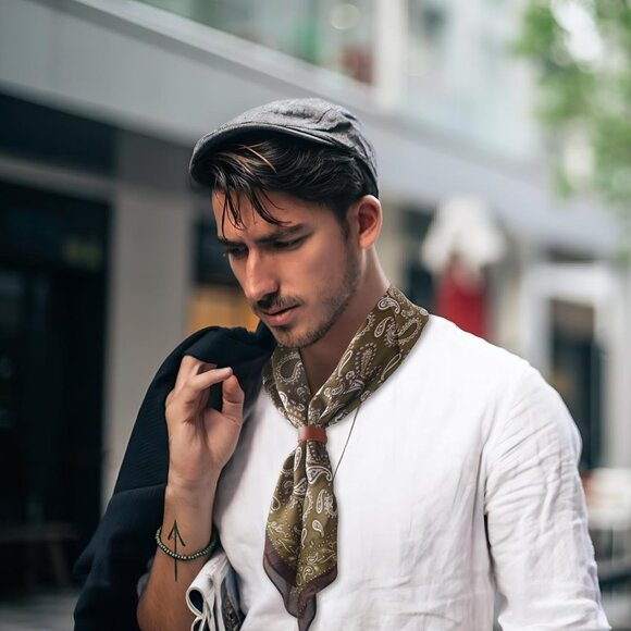 ⚡Men Dull Green Necktie 27.5 Inches Cowboy Scarves Pocket Square Silk Bandanas - Picture 2 of 9